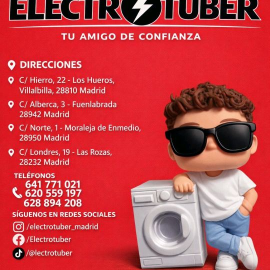 Cartel de Electro Tuber con sus cuatro tiendas, teléfonos y redes sociales